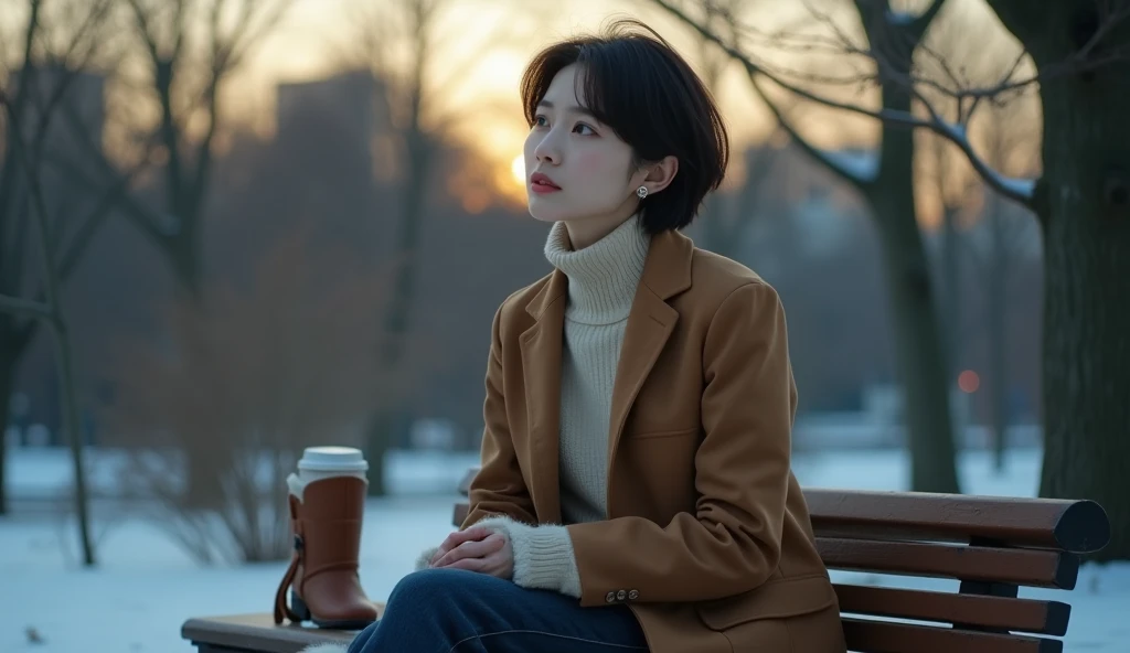  upper body shot ,scene: "Oh ~  everything that was just like "

background:
 An urban park with winter twilight .  The trees have only nice branches left, and ,  the floor is covered with thin snow .  A small leather bag placed next to her and a coffee tu...