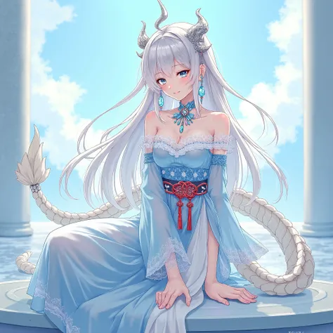 (seabed）(Anime style） A young woman with a 10 cm silver dragon horn on her head  ， With long silvery white hair  ， wears a pair of white crystal-shaped earrings on her ears ，  wears a long dress with a blue pattern and white lace  ( with both hands on a st...