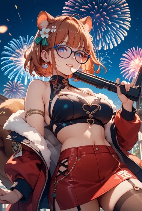 Exotic voluptous Squirrel-girl girl wearing 2025 New Years Glasses firing gun upwards while there are Fireworks in the Background 