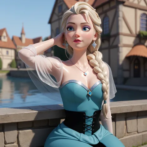 Elsa (),Pixar style, (Disney),lock,royalty, 1girl, blond hair ,one braid, long hair,eye relection,  water distortion , Clear water , blender (medium), breast, narrow waist ,skin imperections,Disney, looking up, leans back , arms relaxed to the sides  ,  in...