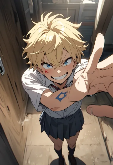 (Masterpiece), (anime), (Full body pic) 1 boy, blonde, school uniform, heroic eyes, honest smile, (hero mark in hand)