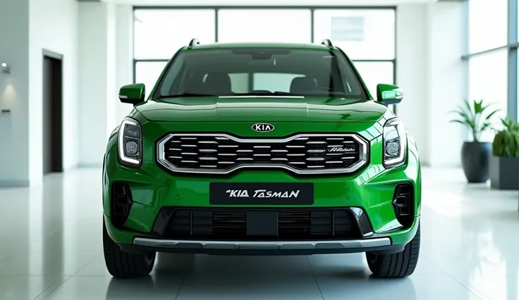   Front view of painted (green)with shiny clour  New (  2025Kia tasman pickup ) )Officially  sleek in large shape sedan in large size with ( 2025 Kia tasman pickup )large detailed grille in shiny white clour with angular sporty design captured from close f...