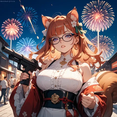 Exotic voluptous Squirrel-girl girl wearing New Years Glasses that say 2025, firing gun upwards while there are Fireworks in the Background 