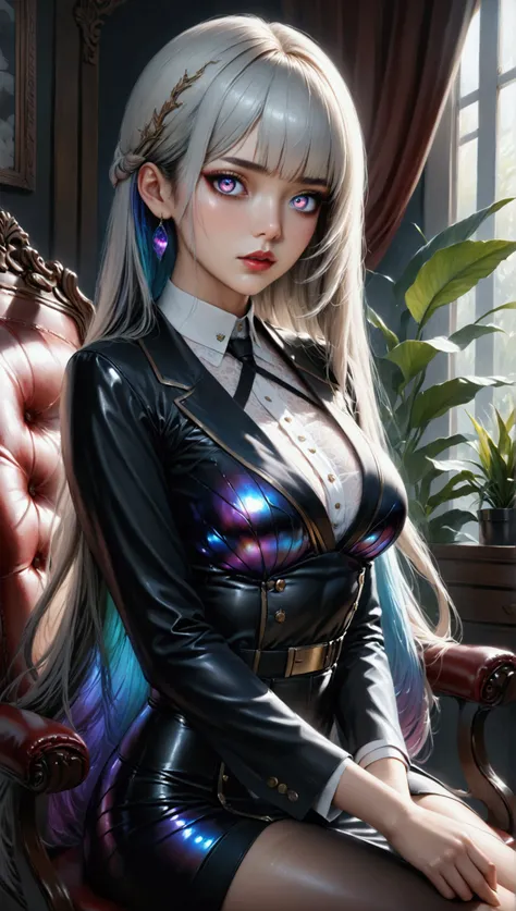 (masterpiece, aesthetic, detailed eyes, realistic), 1girl, mahiru shiina, Long smooth straight grey hair, inner dark iridescent hair,dark iridescent eyes, aesthetic and curvaceous body, sitting in uniform on chair, super detail, best quality, 8k