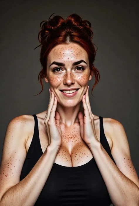 photorealistic picture ,  a beautiful British woman is showing her freckles. Shes staring into the camera, her fingers pulling the skin of her decollete. Lots of freckles. Hair gathered up. Shes having an amused expression, weary smile. She has a black tan...