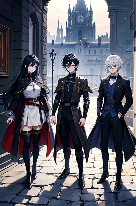 Create the image of a character from a medieval isekai-style anime. He is a young man, he is a magician, his clothes are black, intellectual, he wears glasses, dark blue eyes, long black hair. In the background you can see a medieval anime-style city.