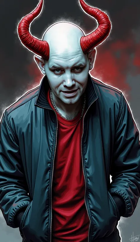 Colored ink sketch of a male devil in a dramatic pose featuring a bald head with devil horns and a vintage Halloween black bomber jacket. His piercing blue eyes are highlighted. His pale skin contrasts with his outfit, creating a cinematic quality that mak...