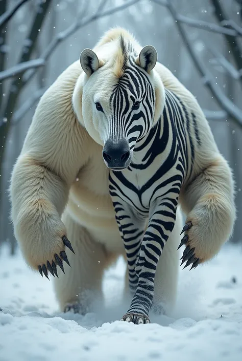 "A cinematic, highly detailed scene where the transformation between the *white bear* and *zebra* begins to unfold. The snow-covered forest remains unchanged in the background, with soft snow falling gently. The *white bears* body is in the middle of a mor...