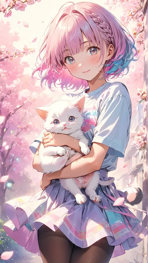 Hashimoto Kannas girl with a cute face、( best quality:1.2,  Very detailed, Latest,  vibrant ,   cute dog hugging pose, masterpiece:1.2,  best quality,  best aesthetics),  girl, (( Poses holding a cute kitten :1.4)),  colorful hair,Short bob ponytail with b...