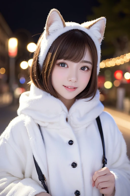 cute 21 year old Japan 、night、 Christmas、 shopping、Super Detail Face、 pay attention to the details with the hem of the clothes、 double eyelids、 beautiful thin noses、 sharp focus with perfect style:1.2、 Kiri Reina female:1.4、( light brown hair , short hair ...