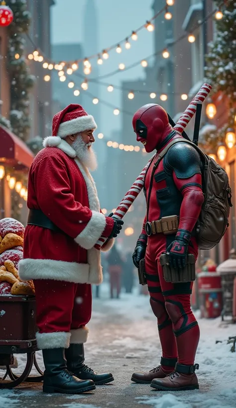 A chaotic festive street scene with decorations slightly askew and snow falling. Santa Claus stands beside a sleigh filled with gifts. Deadpool, in a patched red suit and Santa hat, leans on a sack of chimichangas while holding a giant candy cane like a sw...