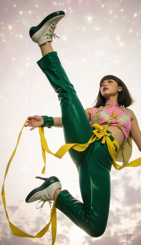 A young and beautiful circus dancer in a pink costume, with ribbons hanging from her waist, stands on the stage of an old-fashioned theater against a dark purple background, with glittering stars in the space above her head. She holds onto strings attached...