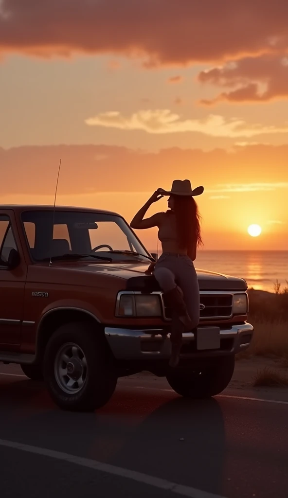 quality image, detailed masterpiece, image of a landscape at dusk with a beach in the background, in the center of the image a pickup truck on the road, the silhouette of a woman leaning on the hood of the pickup truck cowgirl style with her hand on her ha...