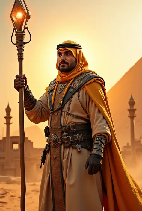 A futuristic and dramatic film poster featuring a middle-aged Egyptian man named "Ramah ". He wears a traditional Saidi costume mixed with futuristic technical touches .  holds a strong wooden stick  (" Shoma ")  glowing with a halo of extraordinary energy...