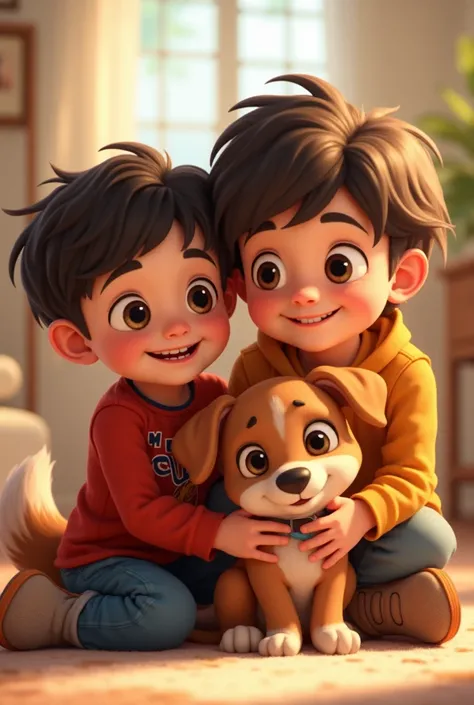 A  short-haired boy with his  long-haired friend Crespo and their one-year-old brown dog with brown eyes dressed in a royal godmother shirt 