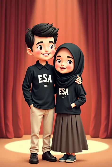  cartoon guy and girl side by side in front of the stage , Front banged guy wearing black shirt with ESa print with cream trousers embracing girl wearing black hijab with kecamata wearing black shirt dress cream skirt and cream shoes, two posing with cute ...