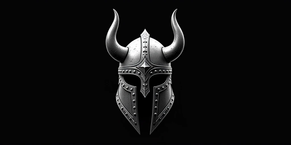 Create a vector illustration with a black background of a Viking war helmet, front view. 3D Render