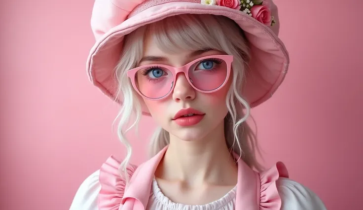  blue eyes ,  pink glasses with pink lips and hair , pink glass lenses ,  pink dress and apron ,  pink hat with flowers and pink fantastic background