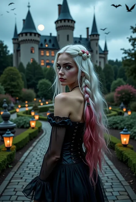 A beautiful white girl long some glittery braids white hair with dark red and forrest green ombré ends,blue eyes, freckles, glittery fall colors makeup. wearing a black gothic dress with corset in front of a huge dark castle at night with moon and bats in ...