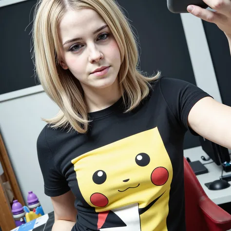 amateurish photo, s3lfi3, low lighting, overexposed, eerie atmosphere, smeared background, extremely busty emo emma watson, 20yo, curvy, close-up, pikachu t-shirt, (graphic t-shirt with stretched graphic, tight t-shirt), photorealistic, low-angle selfie ph...