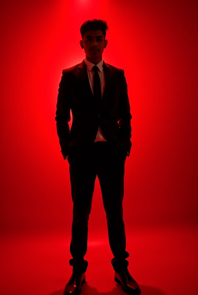 21 years old Indian boy wearing formals posing for Linkedin red light background 