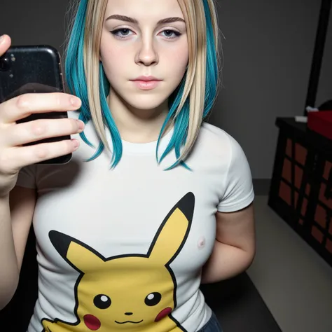 amateurish photo, s3lfi3, low lighting, overexposed, eerie atmosphere, smeared background, small breasted emo emma watson, 20yo,  close-up, pikachu t-shirt, (graphic t-shirt with stretched graphic, tight t-shirt), photorealistic, low-angle selfie photograp...