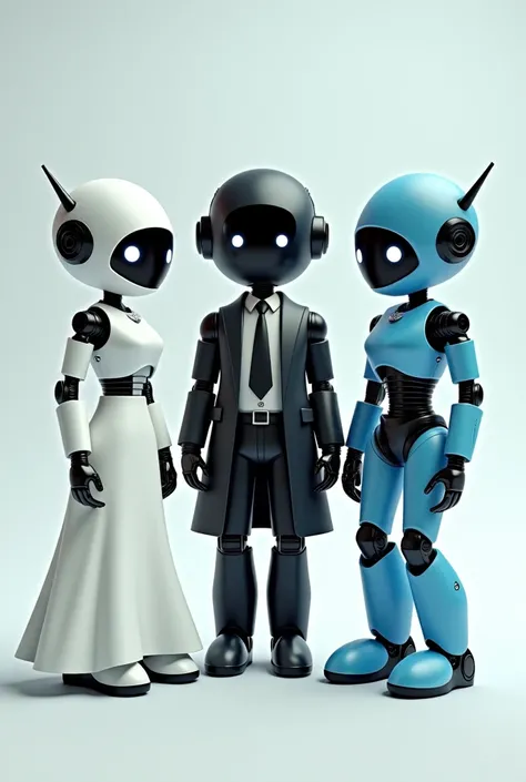 Three cute Cartoon robots , one of them wearing white formal dress and she is a female and middle one is male wearing black coat and pant and another one wearing blue skart and she is female . Robots will be cute and attractive 