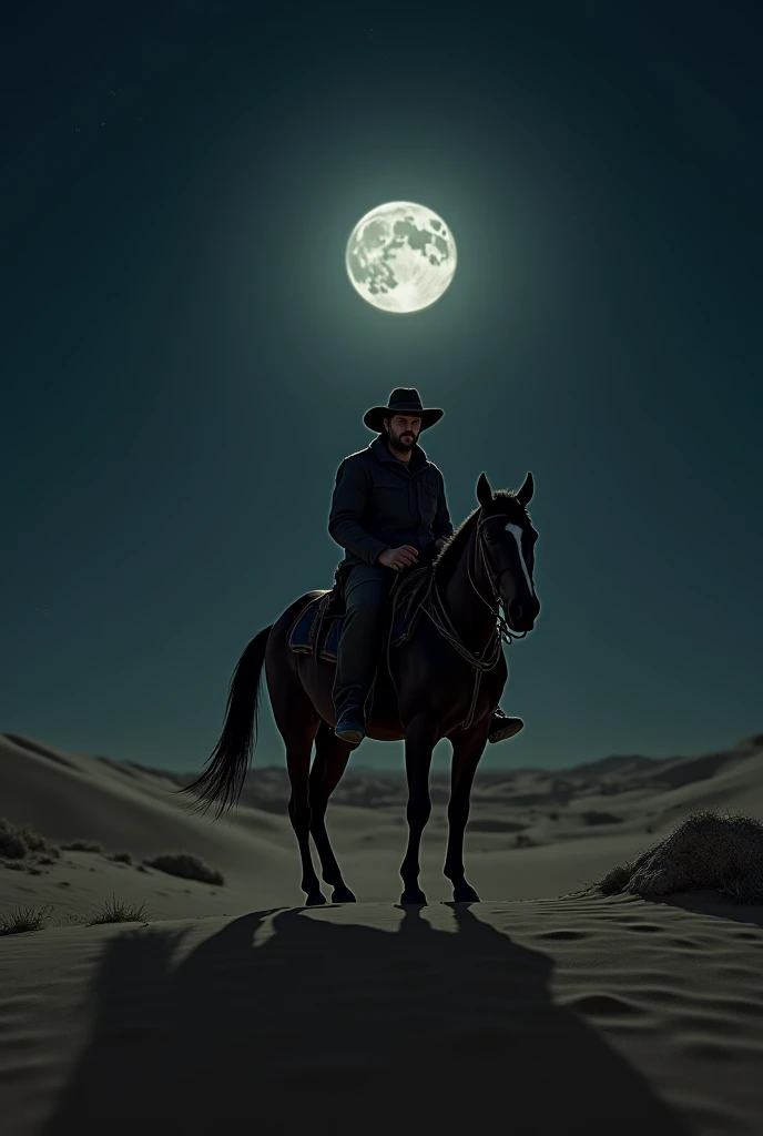 An adult man rides on his horse and travels in the desert at night and the moon is bad 