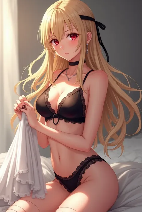  Sexy girl with blond hair and red eyes in sexy black underwear,With a beautiful white dress in her hands ,Anime Style