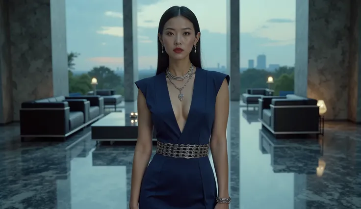 beautiful chic business woman, cheongsam, navy blue form fitting long sleeve blouse,  navy blue pencil skirt, deep v, delicate silver necklace, still from Denis Villeneuves dune,  delicate bangle, high heels, leggy, busty, beautiful woman, asian woman, cle...