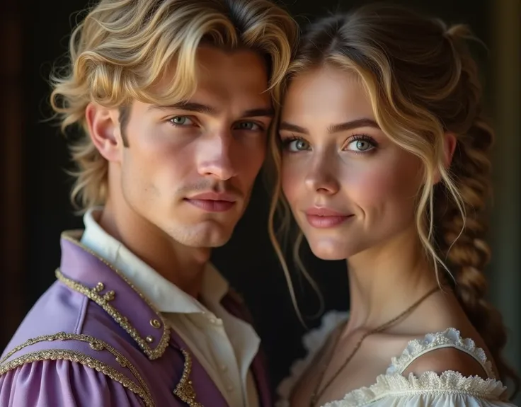 a close-up portrait of blond haired man and blond haired woman, balayage hair, dark eyes, in 19th century style lavander dresses, detailed facial features, beautiful ornate clothing, dramatic dramatic lighting, photorealistic, high quality, digital art, ma...