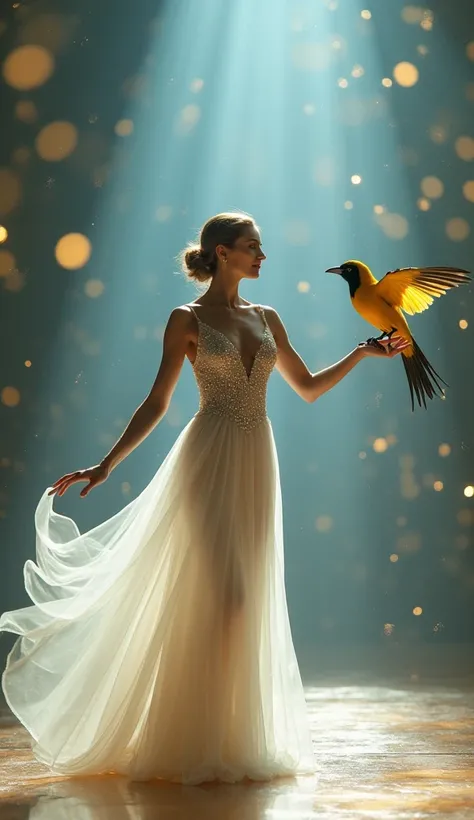 "A vibrant stage illuminated by dramatic spotlights in a mystical atmosphere. At the center stands a graceful woman in a snow-white gown sparkling under the lights, performing a delicate act with a golden oriole perched on her hand. The bird’s bright yello...