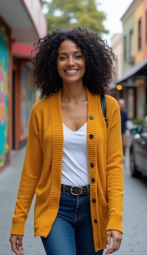 A 35-year-old woman with curly dark hair, wearing a mustard-colored cardigan, walking in a downtown area with colorful murals.