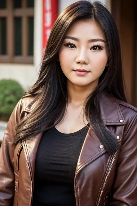 Medium view, of young aged, 19 year old, girl, teenage gilf, milf, beautiful girl, face portrait, asian￼ features, chinese girl, extremely fat, long hair, makeup, model, leather jacket, in korea