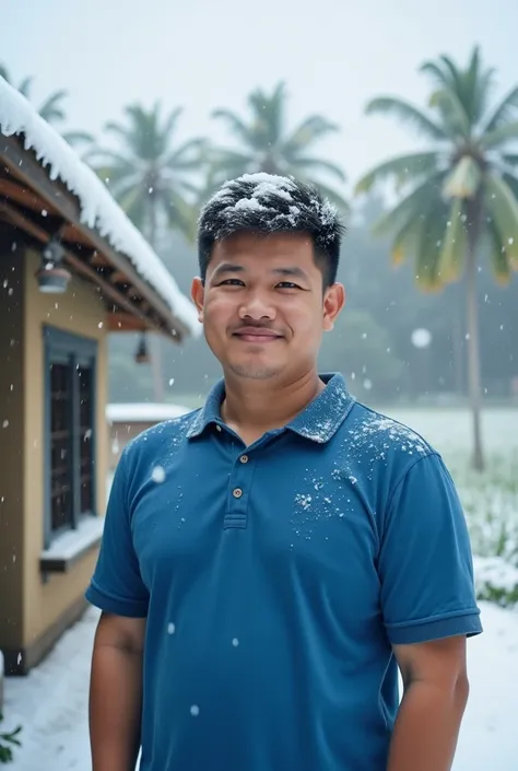 Half body photo of a 23 year old handsome slightly fat Indonesian white man standing outdoors in a cool environment. He was wearing a blue polo with a light black collar, and was standing in front near the rice fields. Inside it was covered in snow, her ha...