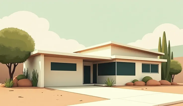 Mid-Century Modern House reimagined in a Mid-Century Modern Abstract style, featuring geometric shapes and clean lines representative of the 1950s and 1960s design movement. Utilize a minimalist color scheme of Desert Sand and Sage Green to emphasize form ...