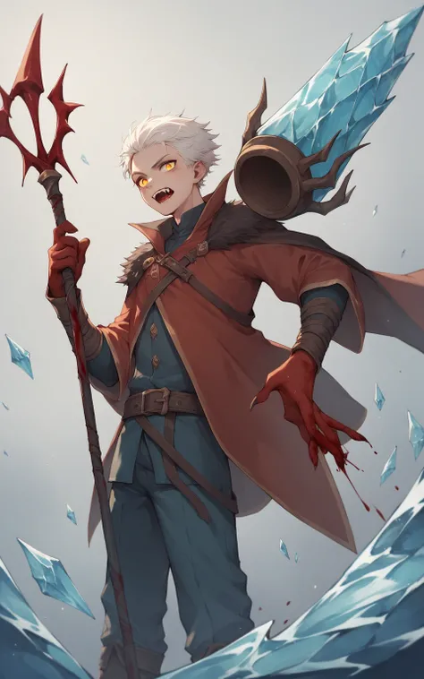 Man,boy,young, white hair, black locks of hair, golden left eye, red right eye, vampire fangs, prisoner like clothes, ice powers, blood powers, ice stakes, blood like stakes,