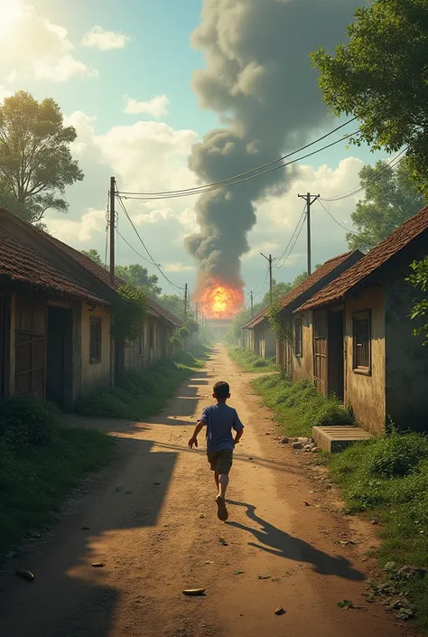 A decent 4k village encounters a soldier ambush at a far fire seen after an explosive. Bullet seen on ground, a boy around seen running away.