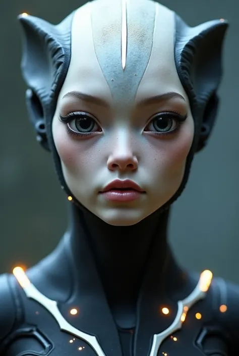 {
  "prompt": "A humanoid hybrid with a serene expression and a face that blends human and alien characteristics. The skin has a slight metallic sheen, and the eyes are large, black, and intensely expressive, capturing a sense of depth and otherworldly int...