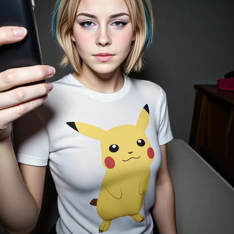 amateurish photo, s3lfi3, low lighting, overexposed, eerie atmosphere, smeared background, small breasted emo emma watson, 20yo,  close-up, pikachu t-shirt, (graphic t-shirt with stretched graphic, tight t-shirt), photorealistic, low-angle selfie photograp...