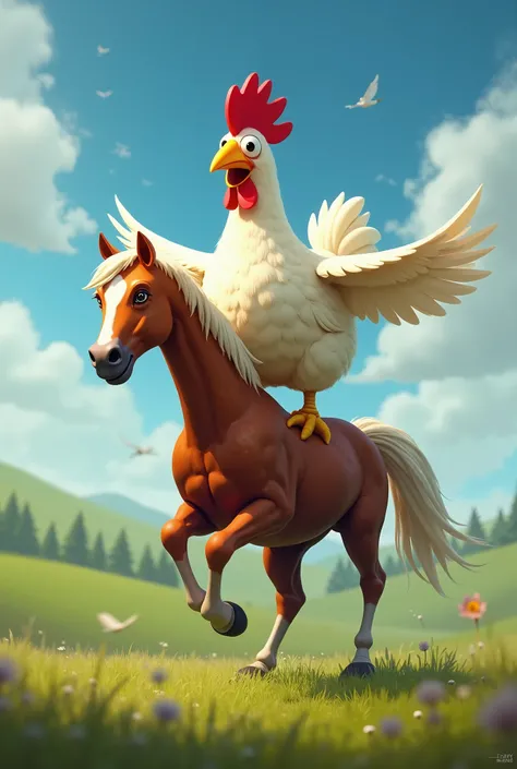 A chicken riding a horse