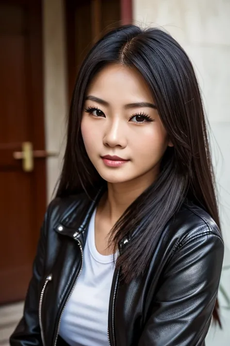 Medium view, of young aged, 19 year old, girl, teenage gilf, milf, beautiful girl, face portrait, asian￼ features, chinese girl, extremely fat, long hair, makeup, model, leather jacket, in korea