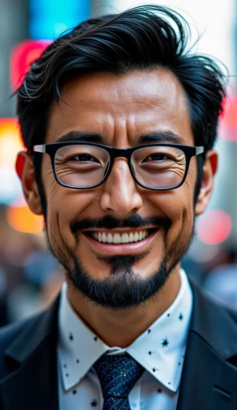 A close-up ultra-realistic portrait of a 40-year-old man with a well-groomed beard, black hair styled neatly, and rectangular glasses. His features are distinctly Japanese, with slightly tanned skin and sharp, mischievous eyes. He has a charismatic, villai...