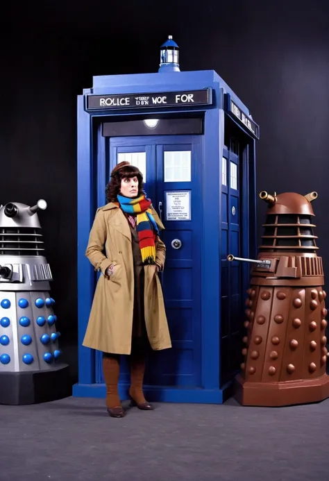 A cute woman in a plain brown trench coat and a colorful scarf (she is in the role of the fourth doctor Who), she is arrogantly speaking to a Dalek, 1970s sci fi alien world set,blue Tardis in corner
