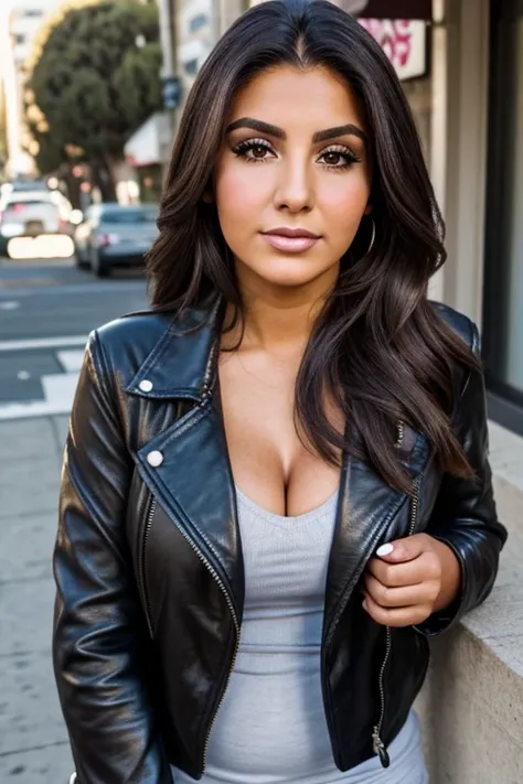 Medium view, of young aged, 19 year old, girl, teenage gilf, milf, beautiful girl, face portrait, middle eastern￼ features, middle eastern girl, extremely fat, long hair, leather jacket over sweater, makeup, model, in san francisco,