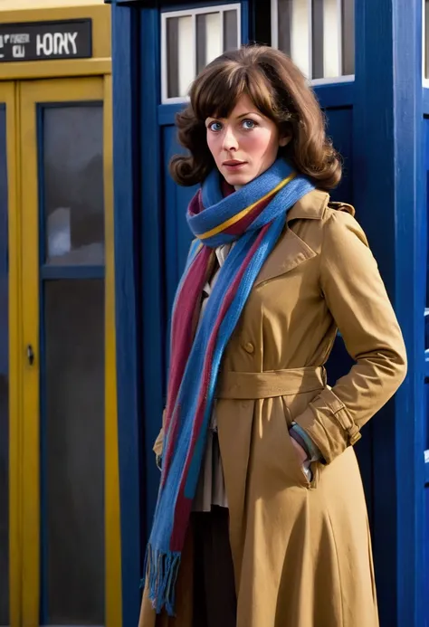 A cute woman in a plain brown trench coat and a colorful scarf (she is in the role of the fourth doctor Who), she is arrogantly speaking to a Dalek, 1970s sci fi alien world set,blue Tardis in corner
