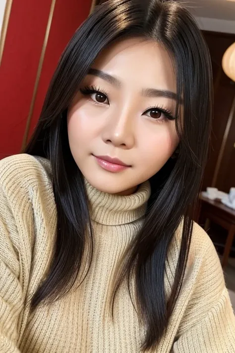 Medium view, of young aged, 19 year old, girl, teenage gilf, milf, beautiful girl, face portrait, asian￼ features, chinese girl, extremely fat, long hair, makeup, model, turtleneck sweater, in korea