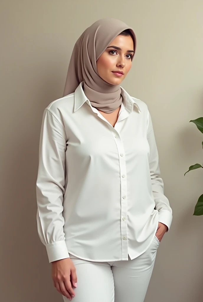 A realistic depiction of a modestly dressed woman with a fuller figure, wearing a white shirt and pants. She is wearing a headscarf, and the background is softly blurred to create a serene atmosphere."
