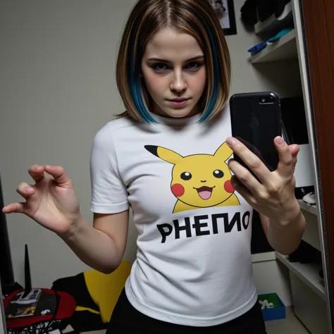 amateurish photo, s3lfi3, low lighting, overexposed, eerie atmosphere, smeared background, very young small breasted emo emma watson, 16yo,  close-up, pikachu t-shirt, (graphic t-shirt with stretched graphic, tight t-shirt), photorealistic, low-angle selfi...