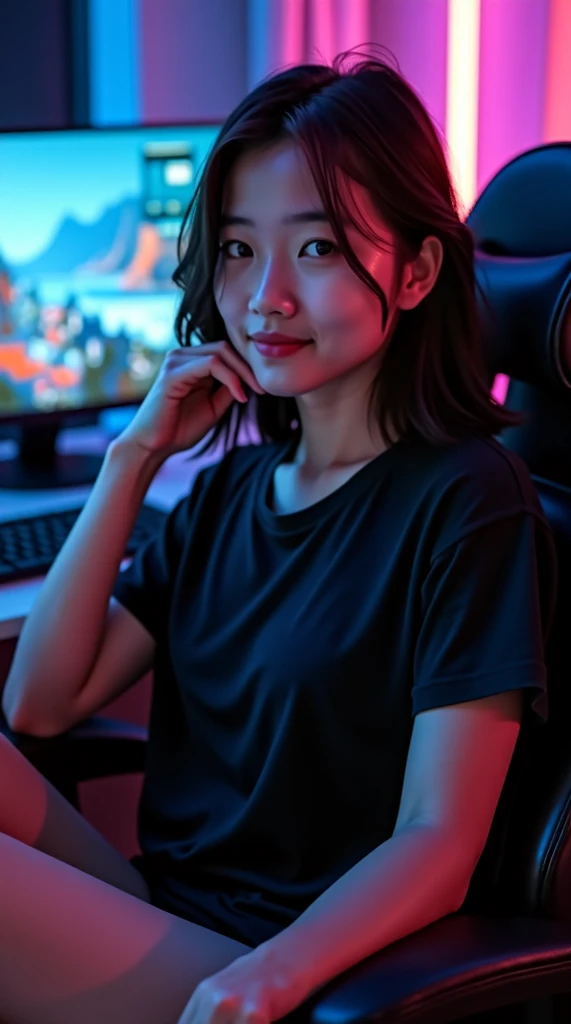 selfie of a young asian woman graphic designer in front of her computer  wearing a large black tshirt, bare legs, she is sat in a gaming chair, 3/4 view, looking to the camera, neon light dark room